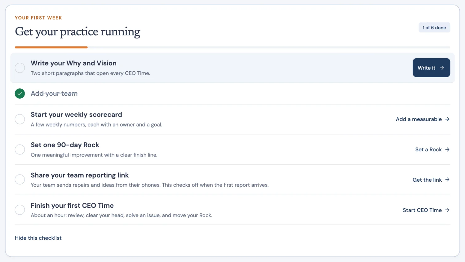 The home screen’s first-week checklist for a new practice.