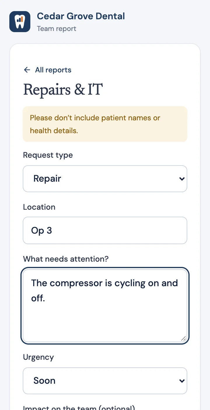 The Repairs & IT report form, reminding the team not to include patient names or health details.