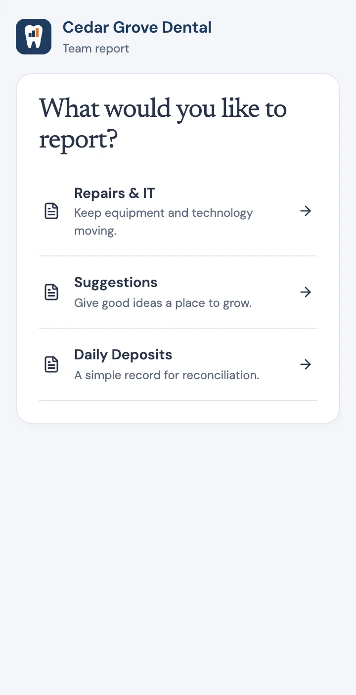The team reporting page on a phone, offering Repairs & IT, Suggestions, and Daily Deposits.